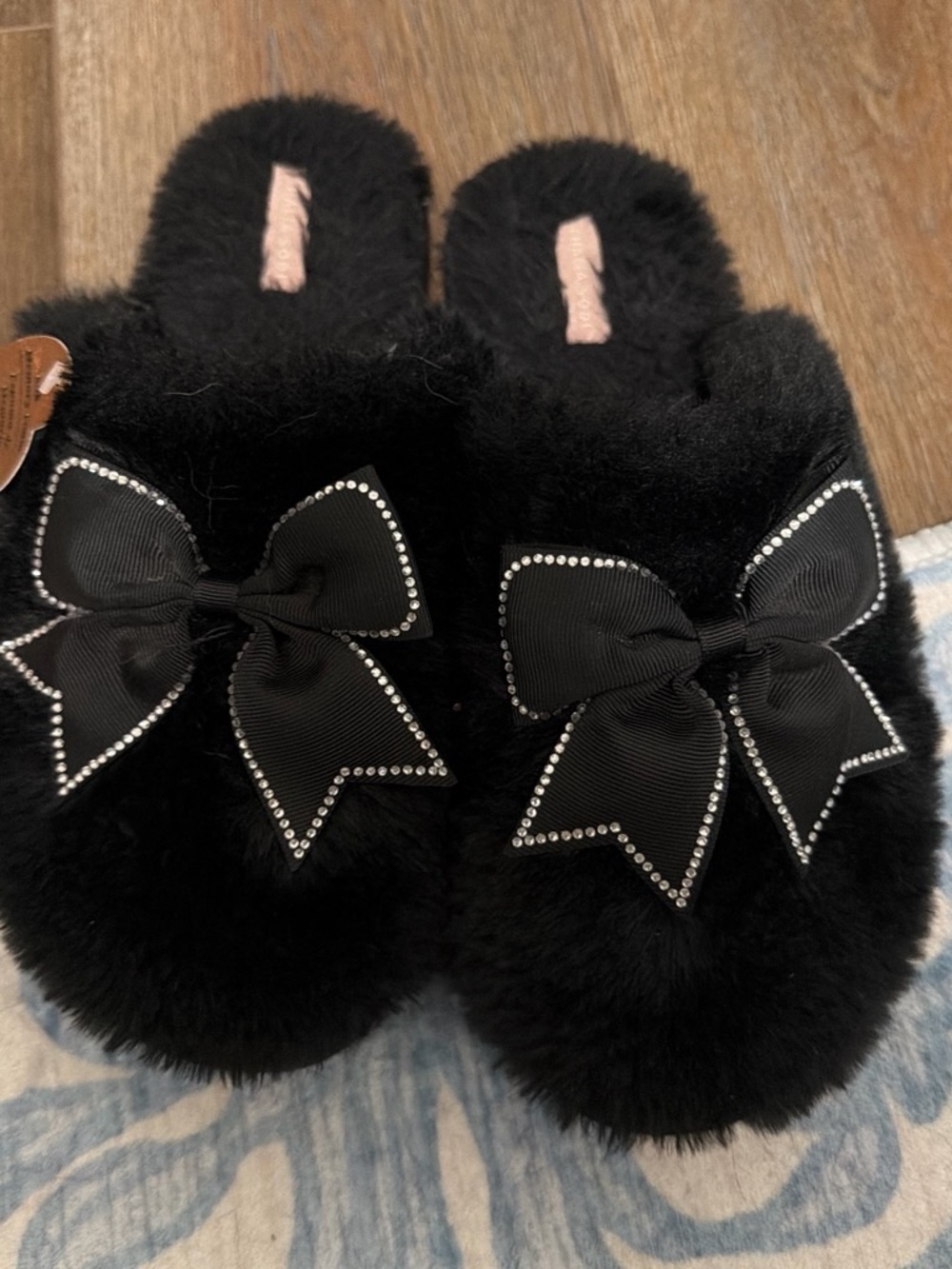 Black Faux Fur Slip-On Slippers with Bow and Rhinestone Trim